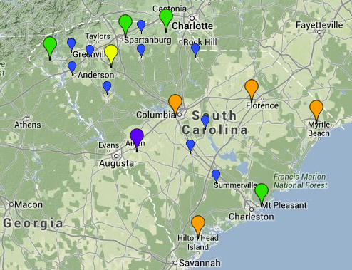 "Map of South Carolina showing instrumentation hive locations"